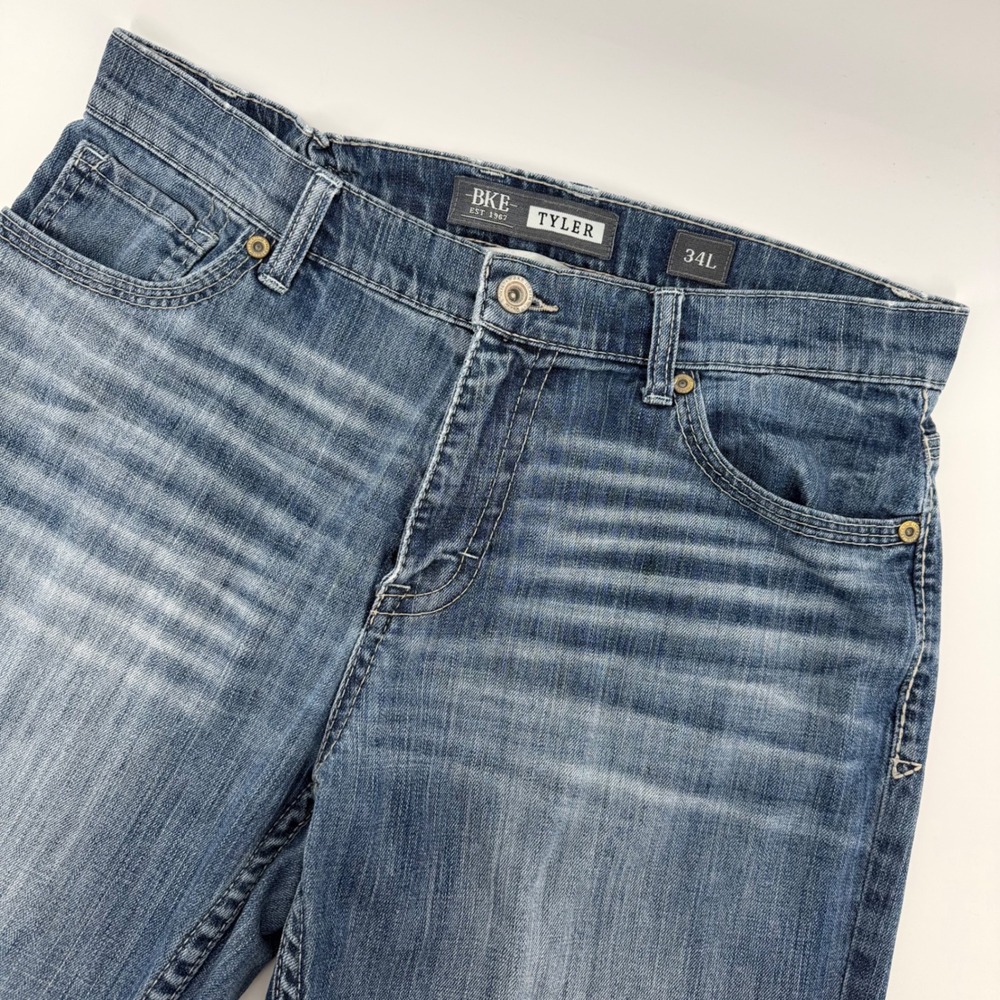 BKE Tyler Straight Leg Mens 34L Blue Medium Wash Stretch Jeans